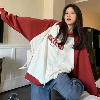 Harajuku Повседневная графическая толстовка женская с принтом букв корейская мода толстовки с капюшоном Kpop свободный тонкий топ женский весенний M красный