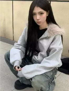 Harajuku повседневные меховые лоскутные толстовки с капюшоном женские эстетические свободные карманы уличная одежда пальто гранж осенние толстовки M чёрный