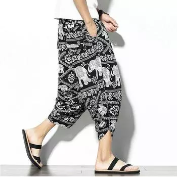 Harajuku повседневные широкие брюки-шаровары для мужчин 2024 летние хлопковые пляжные мешковатые брюки в китайском стиле с принтом длиной до икры M чёрный