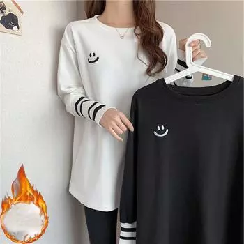 Harajuku Повседневные свободные толстые теплые футболки женские осенне-зимние бархатные футболки с круглым вырезом и длинными рукавами однотонные женские футболки y2k белый топ уличная одежда M чёрный