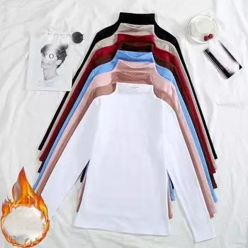 Harajuku Повседневные тонкие толстые теплые футболки женские осень-зима бархатная полуводолазка с длинным рукавом однотонная футболка женская M