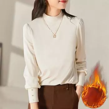 Harajuku Повседневные тонкие толстые теплые футболки женские осенне-зимние бархатные полуводолазки с длинным рукавом однотонные футболки для женщин M