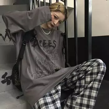 Harajuku, повседневные женские футболки, черные, готические, с мультяшным винтажным принтом, уличная одежда, мешковатые свободные футболки в стиле хип-хоп для пар, женские футболки с длинными рукавами S чёрный