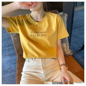 Harajuku Простая футболка с буквенным принтом Повседневные свободные футболки 2024 летние футболки с графическим рисунком Женская одежда с короткими рукавами Корейские студенческие желто-белые топы y2k M жёлтый