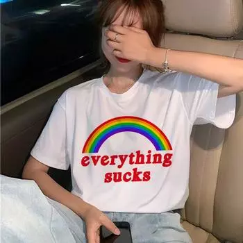Harajuku Rainbow Kawaii Футболка Женская Мода Корейский Стиль Ullzang Футболка Девушка 90-х Графический S белый