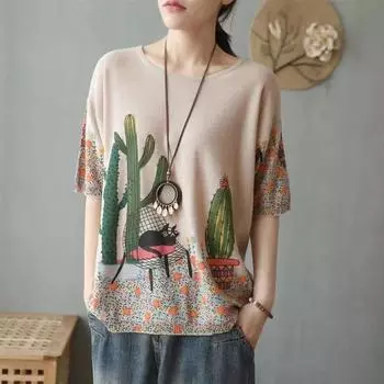Harajuku Ретро футболка с цветочным принтом женская летняя модная одежда винтажные вязаные свитера с круглым вырезом и половиной рукавов женские свободные пуловеры L