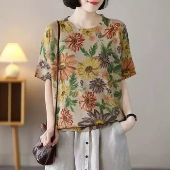 Harajuku Ретро футболка с цветочным принтом женская летняя модная одежда винтажные вязаные свитера с круглым вырезом и половиной рукавов женские свободные пуловеры 3XL