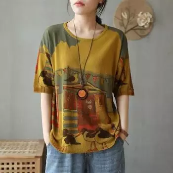 Harajuku Ретро женская летняя и осенняя модная одежда с винтажным цветочным принтом и круглым вырезом, вязаные свитера с короткими рукавами, женские свободные пуловеры L