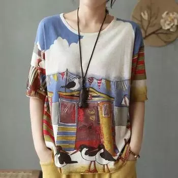 Harajuku Ретро женская летняя и осенняя модная одежда с винтажным цветочным принтом и круглым вырезом, вязаные свитера с короткими рукавами, женские свободные пуловеры L