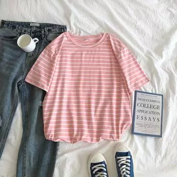 Harajuku с коротким рукавом, корейская повседневная модная рубашка с круглым вырезом, Camiseta Feminina, топы, женская однотонная полосатая футболка в стиле панк M чёрный