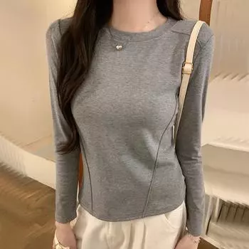 harajuku серая женская футболка 2025 весна осень длинный рукав O-образный вырез повседневная однотонная тонкая футболка женские топы y2k одежда уличная одежда S