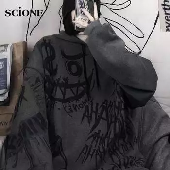 Harajuku Серый Дьявол Толстовка С Капюшоном Женщины Свободные Готические Панк Топы Хип-Хоп Половер Негабаритные Хип-Хоп Печати Толстовки Пальто Девушка M серый