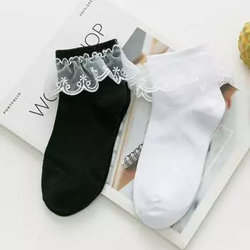 Harajuku Soft Lolita Women Ruffle Cotton Princess Socks Frilly Ankle Socks Short Socks чёрный