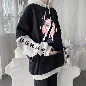 Harajuku Spy x Family Anya Forger Аниме Толстовки Унисекс Kawaii Графический Негабаритный Уличная Одежда Зимние Теплые Мужчины Женщины Подростковые Толстовки S чёрный