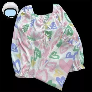 Harajuku Style Colourful Love Y2K Print Pajamas Set for Women Korean Casual All-match Women s Pajamas V-neck Autumn New Homewear M