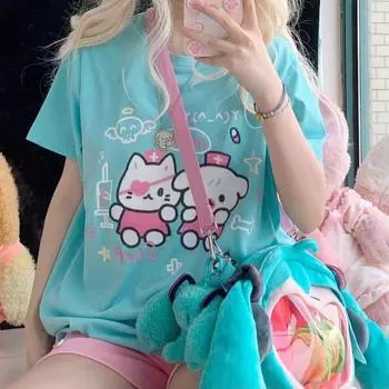 Harajuku Sweet Kawaii футболки с короткими рукавами, новые летние универсальные топы с круглым вырезом, женские свободные футболки средней длины Y2k E-Girl S синий