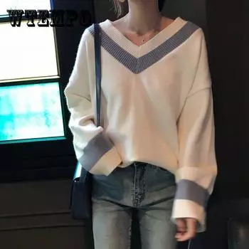 Harajuku свитер с v-образным вырезом женский корейский свободный ленивый пуловер в студенческом стиле вязаная верхняя рубашка XL