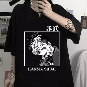 Harajuku Tokyo Revengers Street Style с круглым вырезом Hanma Shuji Oversize Мужская футболка Одежда Топы в стиле хип-хоп Футболки
