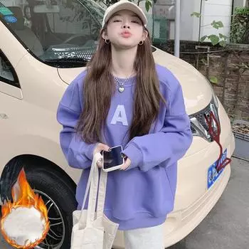 harajuku толстовки с принтом букв женская одежда осень-зима флисовые толстовки с длинным рукавом утолщенные теплые свободные фиолетовые толстовки уличная одежда M