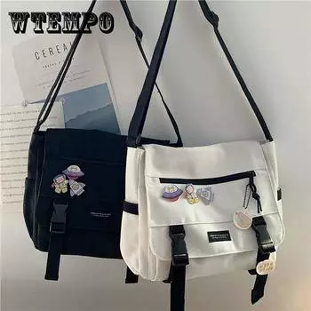 Harajuku универсальные холщовые женские сумки через плечо однотонные флип повседневные сумки на плечо сумки-мессенджеры для девочек-подростков Black random badge