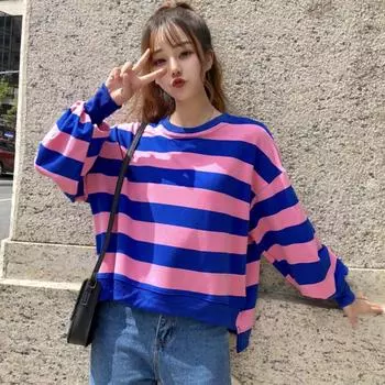 Harajuku Винтажная полосатая лоскутная толстовка свободного покроя толстовки женские с круглым вырезом нестандартные пуловеры тонкие топы y2k уличная одежда для молодой девушки M
