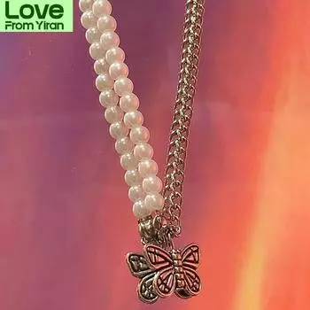Harajuku Винтажное искусственное жемчужное металлическое шитье кулон в виде бабочки ожерелье для женщин Винтажное панк крутое колье подарочные ожерелья