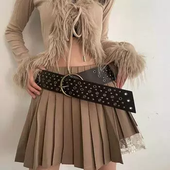 Harajuku Wide Waistband Rivet PU Leather Belt Simple Cowgirl Belt Pants кофейный