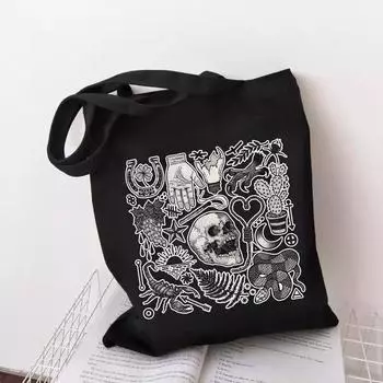 Harajuku винтажная холщовая сумка с забавным мультяшным аниме-принтом Ulzzang Shopper женская сумка на плечо Kawaii сумка большой вместимости Y2K Bag 24*26cm чёрный