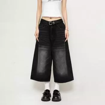 Harajuku винтажные черные джинсовые шорты с высокой талией в стиле ретро, женские модные повседневные свободные шорты Y2K, уличная одежда средней длины, короткие S чёрный