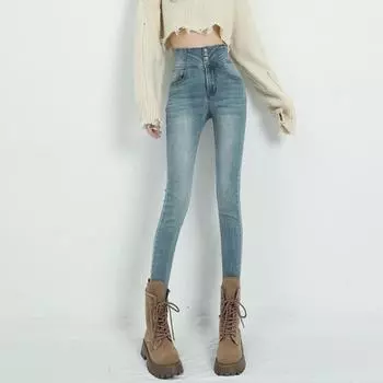 Harajuku винтажные повседневные облегающие женские брюки-карандаш узкие эластичные женские джинсы с высокой талией прямые модные брюки уличная одежда 25 синий