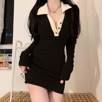 Harajuku вязаное школьное платье-футболка женское корейское стильное облегающее платье с воротником поло с запахом осеннее винтажное платье S