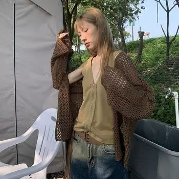 Harajuku вязаный кардиган женский винтажный ажурный свитер большого размера корейская мода свободные повседневные тонкие топы с длинными рукавами S кофейный