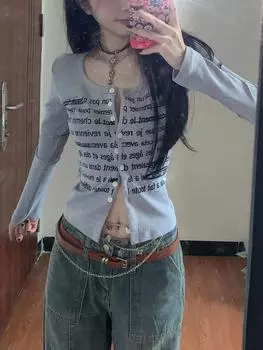 Harajuku Y2k Элегантный уличный кардиган Женский винтажный топ с длинным рукавом с буквенным принтом Женский корейский дизайн Повседневный топ Новый S серый
