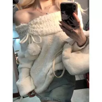 Harajuku Y2k сексуальные вязаные свитера женские с открытыми плечами жемчужные плюшевые шарики милые пуловеры Famele длинные рукава повседневные топы 2024 Новинка S