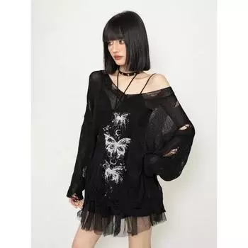 Harajuku Y2K Женский свитер Hollow Out Vintage Grunge Knit Pullovers Готический японский модный трикотаж с длинным рукавом Осень S чёрный