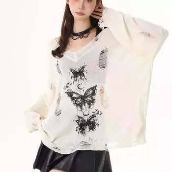 Harajuku Y2K Женский свитер Hollow Out Vintage Grunge Knit Pullovers Готический японский модный трикотаж с длинным рукавом Осень S белый