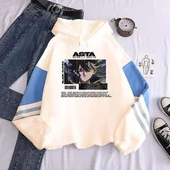 Harajuku Япония Аниме Черный Клевер Asta Cool Толстовки Унисекс Лоскутные Пуловеры Осенние и Зимние Большие Лоскутные Толстовки XS чёрный