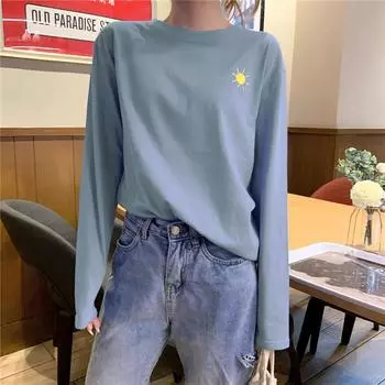 Harajuku забавная футболка с вышивкой, весенне-осенняя женская футболка с длинным рукавом и круглым вырезом, корейская повседневная свободная футболка Femme, черные топы y2k, студенческая уличная одежда M белый