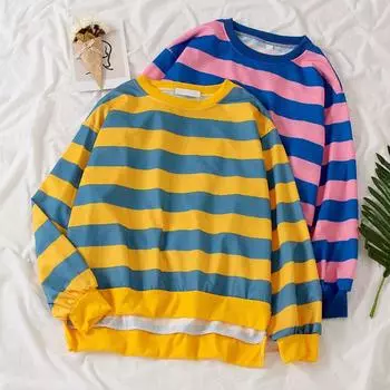 Harajuku Женщины Радужные полосы повседневные свободные Графические футболки y2k Топы Модные футболки с длинным рукавом большого размера уличная одежда M