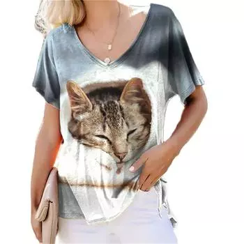 Harajuku женская футболка с v-образным вырезом Art Cat Graphics 3D принт топы больших размеров уличная одежда с короткими рукавами летние женские пуловеры 6XL