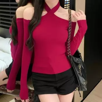 harajuku женская футболка весна осень длинный рукав халтер повседневная сексуальная с открытыми плечами однотонная тонкая футболка женская красная y2k топы одежда S