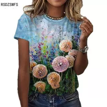 Harajuku женская повседневная футболка с 3D-печатью, масляной живописью, цветочным пуловером, модный свободный и удобный пуловер с короткими рукавами и круглым вырезом XS