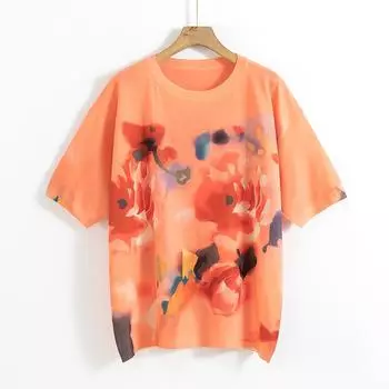 Harajuku Женская трикотажная футболка с цветочным принтом в стиле ретро, летняя одежда, винтажные вязаные свитера с круглым вырезом и половиной рукавов, женские свободные пуловеры L