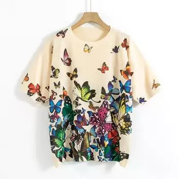 Harajuku Женская трикотажная футболка с цветочным принтом в стиле ретро, летняя одежда, винтажные вязаные свитера с круглым вырезом и половиной рукавов, женские свободные пуловеры L