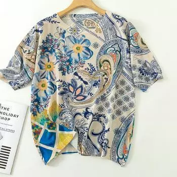 Harajuku Женская трикотажная футболка с цветочным принтом в стиле ретро, летняя одежда, винтажные вязаные свитера с круглым вырезом и половиной рукавов, женские свободные пуловеры L