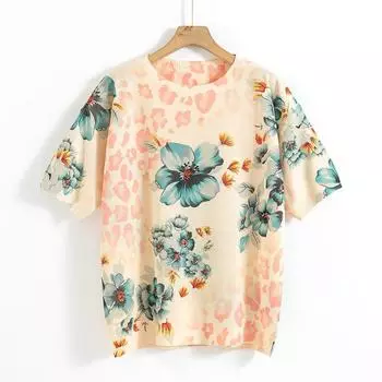 Harajuku Женская трикотажная футболка с цветочным принтом в стиле ретро, летняя одежда, винтажные вязаные свитера с круглым вырезом и половиной рукавов, женские свободные пуловеры L