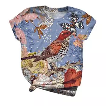 Harajuku женские футболки женские летние размеры с коротким рукавом и принтом птиц топы с круглым вырезом футболка женские футболки женские майки S
