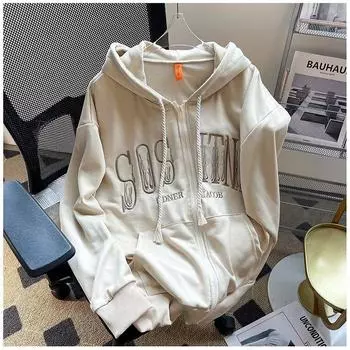 Harajuku Женские Письменные Ретро С Капюшоном Молния Весна Осень Пальто Унисекс Пары High Street Универсальная Мода XXXL чёрный