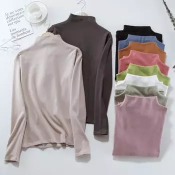 harajuku женские тонкие футболки с длинным рукавом весна осень повседневные однотонные топы пуловеры полуводолазка универсальные футболки уличная одежда Y2K черно-белая футболка M хаки