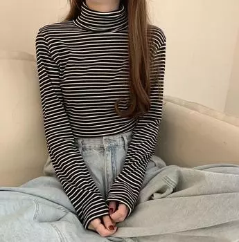 Harajuku женские тонкие футболки с длинным рукавом осень-зима повседневные топы в полоску пуловеры базовые футболки уличная одежда Y2K черно-белая футболка M